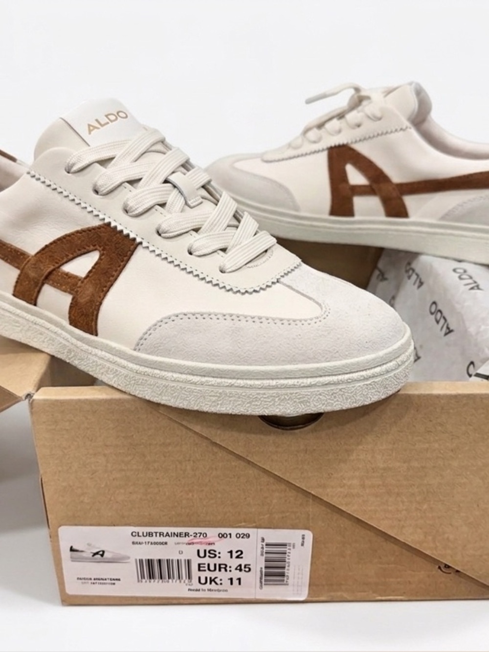 NEW ALDO Sport Club Men’s Sneakers Size 12 White Beige Leather Suede “A” Logo Mo